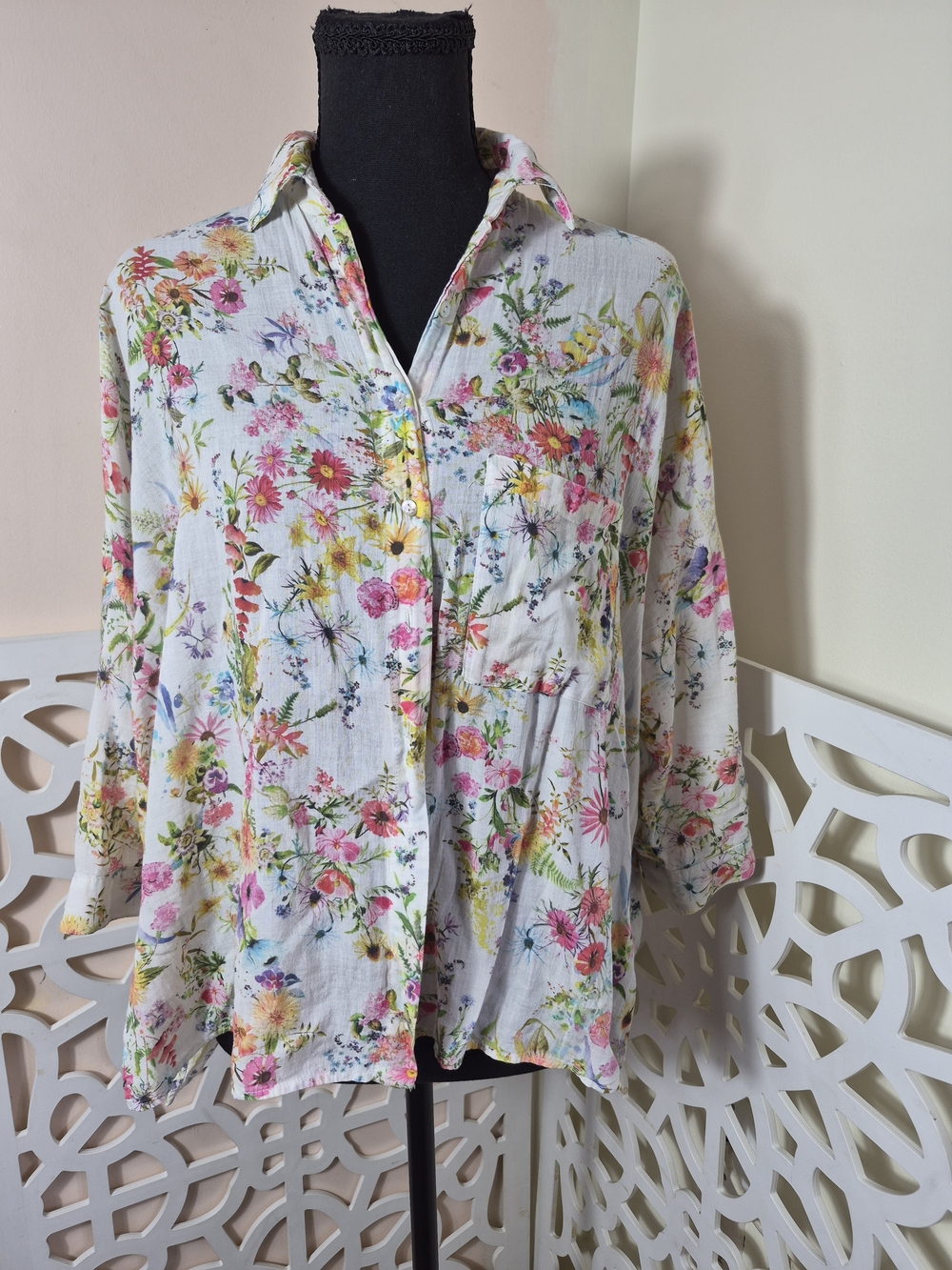 Zara Basic Floral Button Front Oversized Tunic Floral Layering Size S